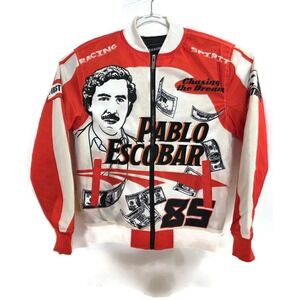 Reason Pablo Escobar Jacket Mens Small Orange White Bomber Graphic RR5-080